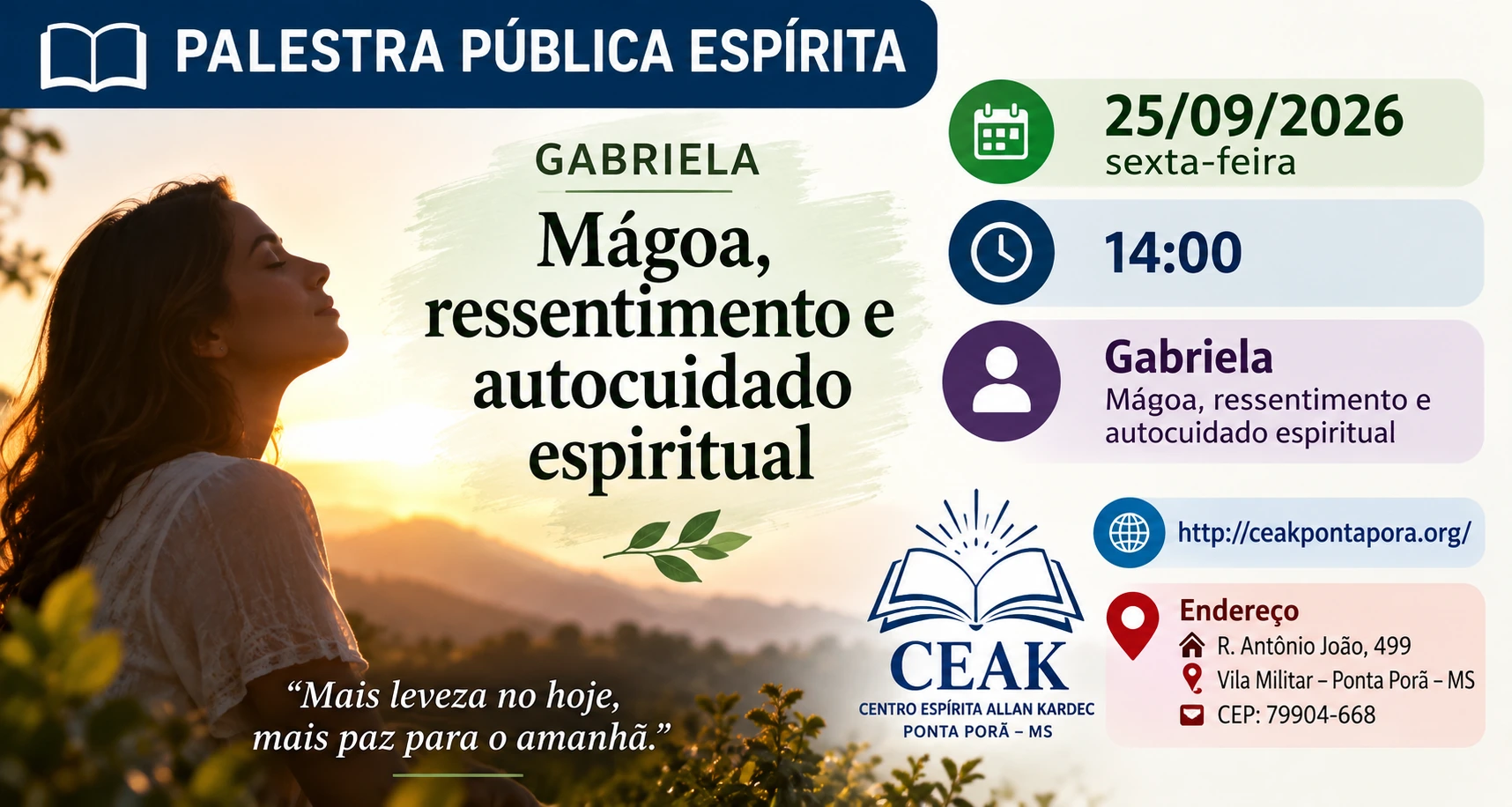 Palestra pública sobre mágoa, ressentimento e autocuidado espiritual.
